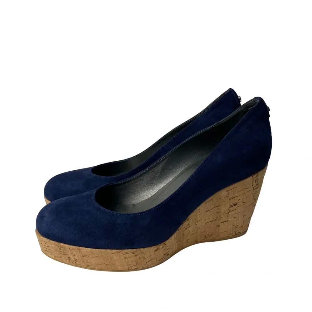 Stuart Weitzman Navy Suede Cork Wedge Pumps - Picture 6 of 11